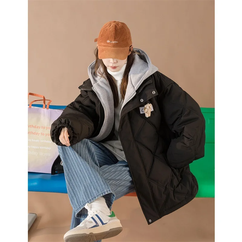 Winter Thickened Down Padded Jacket Women's Fashion Leisure Fake Two-piece Rhombus Jacket Korean Version Loose Padded Jacket
