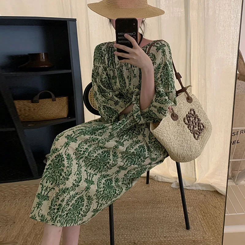 Женское платье с круглым вырезом Длинное свободное рукавами-фонариками и