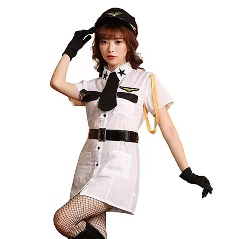 

White Women Airline Stewardess Air Hostess Cosplay Female Halloween Pilot Flight Attendant Costumes Carnival Purim Party Dress