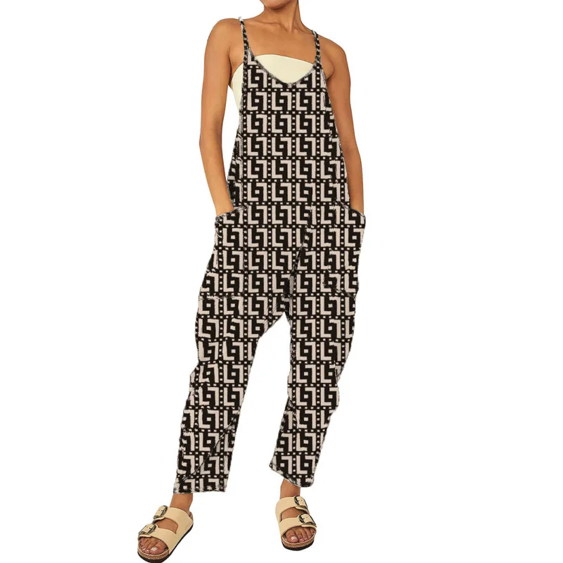 2023 New Summer Fashion Casual Denim Look Print Jumpsuit Women's Street Loose Pockets Strap Long Pants Jumpsuit Women