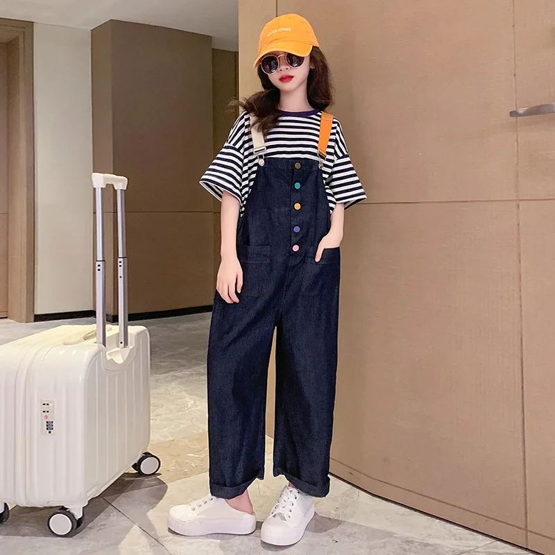 

Girls' Strap Pants Set Summer 2023 New Children's Fashionable Stripe Short Sleeve Top Large Children's Casual Two Piece Set