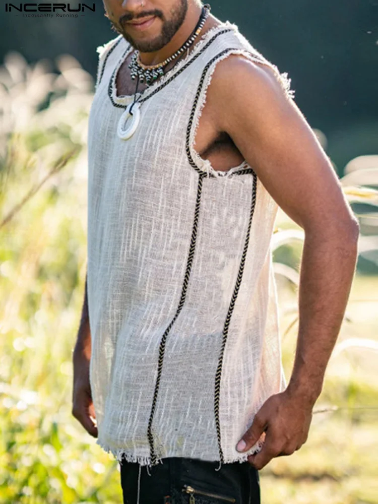 

INCERUN Tops American Style Handsome Men Stitching Striped Waistcoat Fashion All-match Small Tassel Sleeveless Vests S-5XL 2022