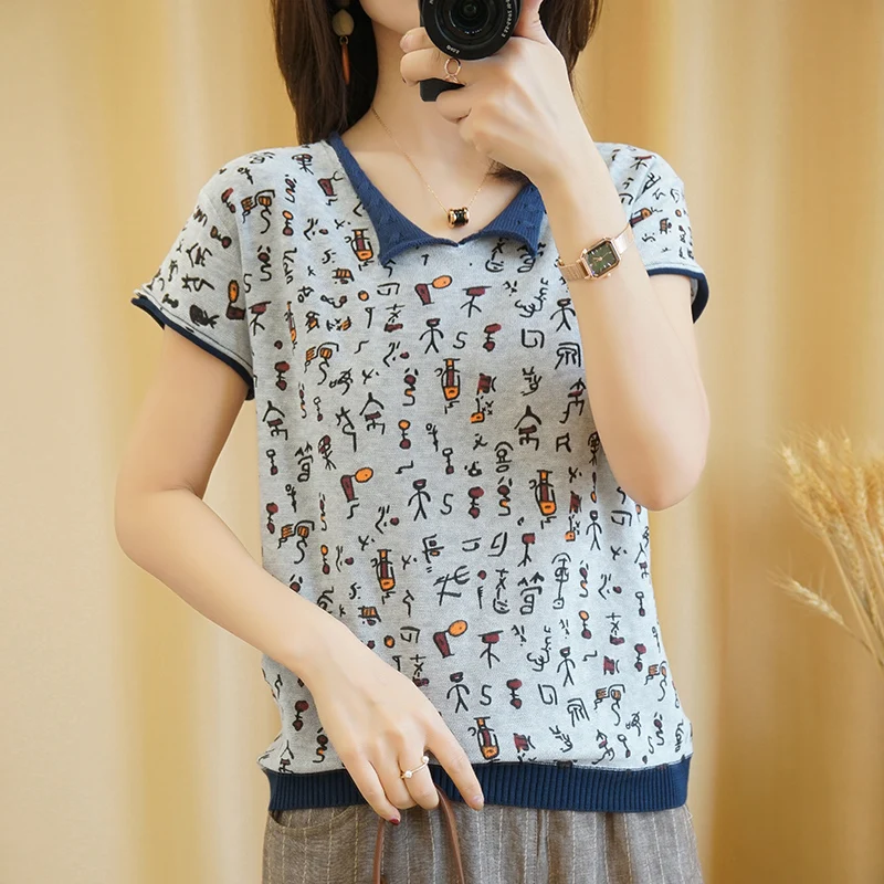

Summer new V-neck knitted short sleeve women's printed cotton T-shirt loose Pullover thin bottom shirt