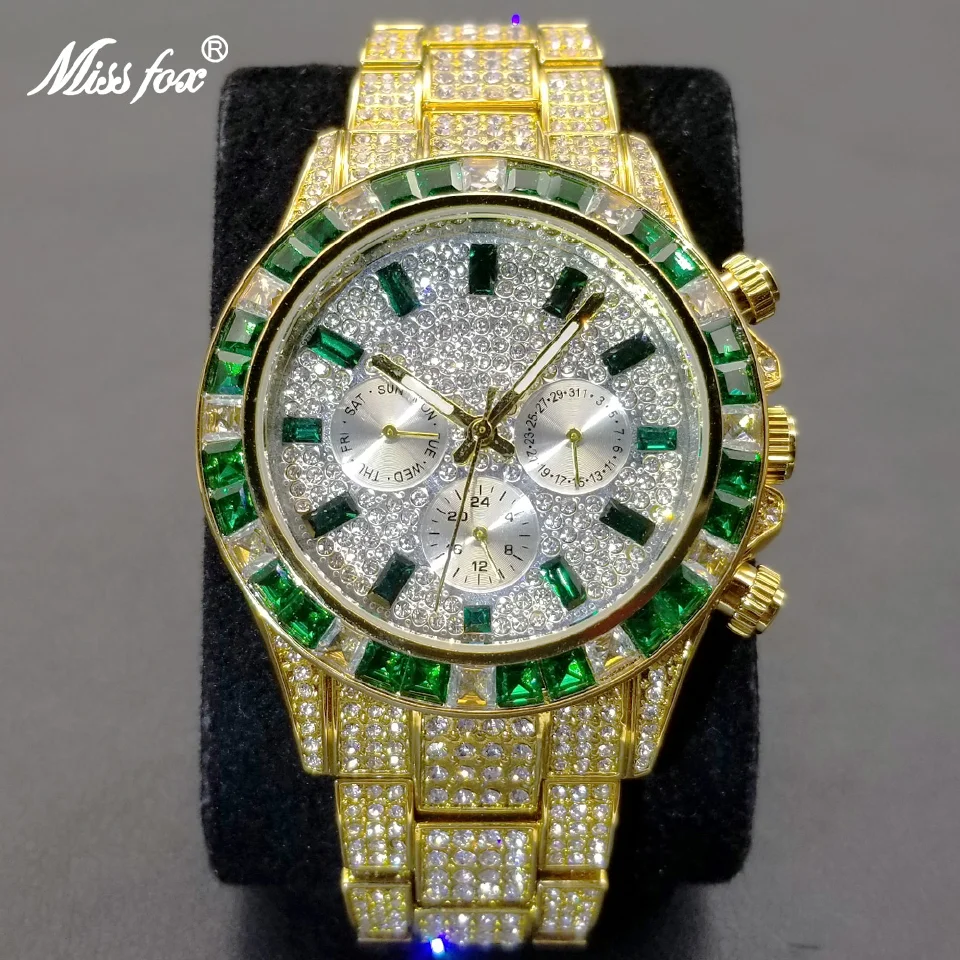 

MISSFOX Iced Out Men Watch Top Brand Fashion Diamond Gold Quartz Watches Luxury Classic Hip Hop Waterproof Male Clock Party Gift