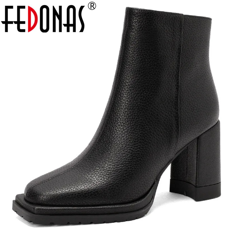 

FEDONAS 2023 Autumn Winter Women Ankle Boots Office Ladies Mature Concise Thick High Heels Genuine Leather Platforms Shoes Woman