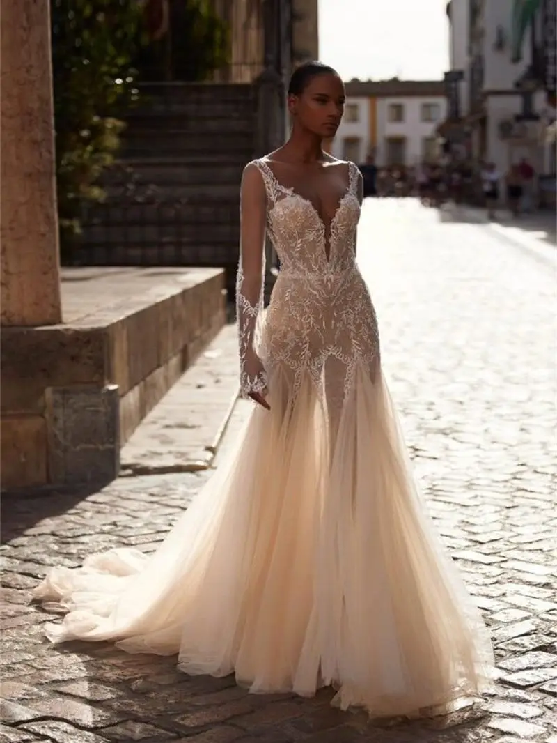 

Champagne Mermaid Wedding Dresses Long Sleeved Lace Illusion Sexy Bridal Gown Boho Backless vestidos de novia