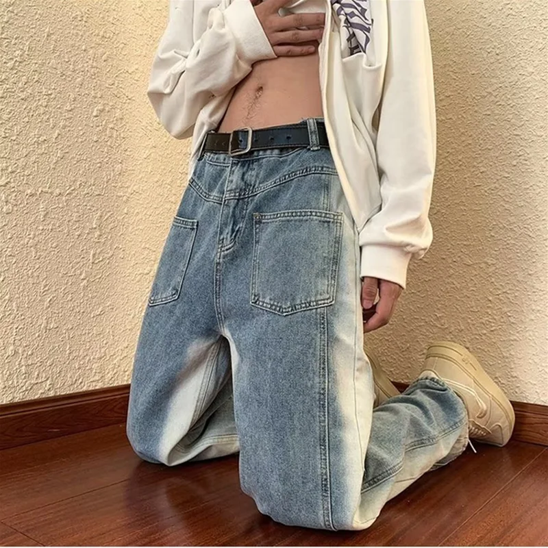 Streetwear Men New Pattern Recreational Vintage Broad Leg Gradient Brown Jeans Straight Cylinder Loose Cargo Pants Autumn Female