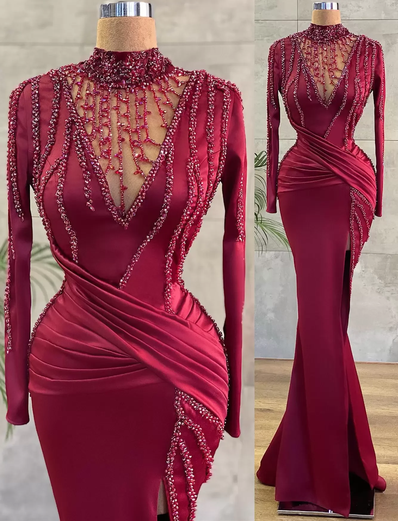 

Arabic Aso Ebi Burgundy Mermaid Prom Dresses 2023 Luxury Beaded Crystals Long Sleeves Split Slit Ruched Satin Evening Party Gown