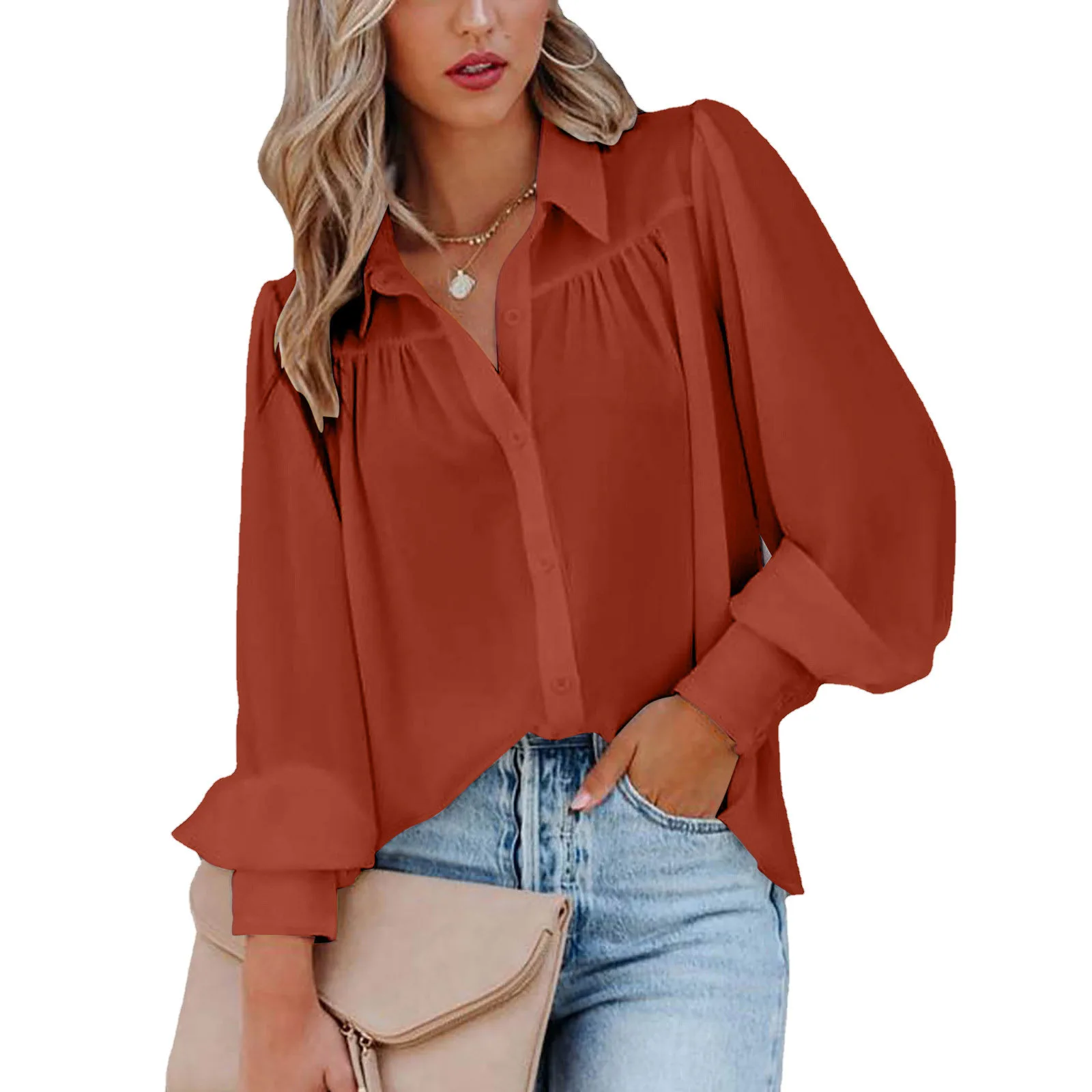 

Female Shirt Lantern Sleeve Ruffles Buttoned Turn Down Collar Long Sleeve Solid Casual Workwear Blouse 2022 Autumn Women Tops