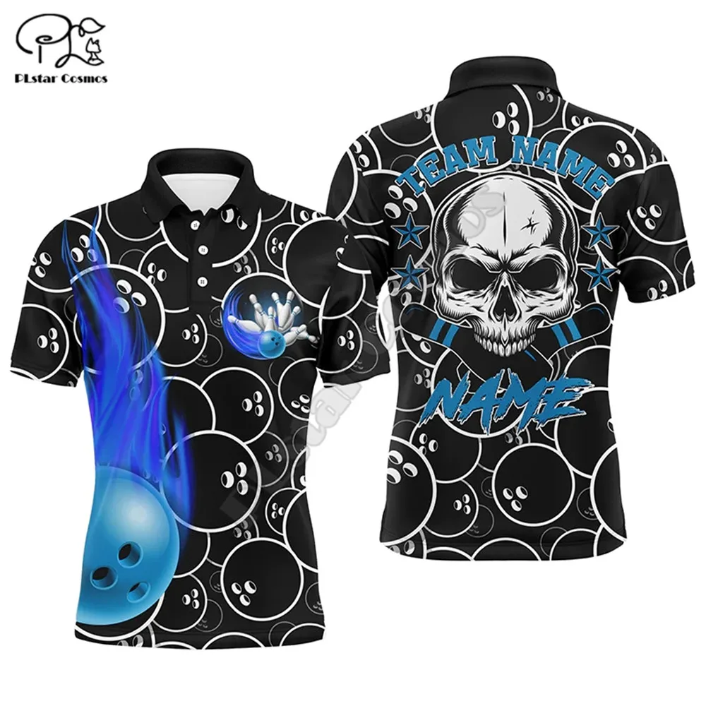 

Personalized Men Flame Polo Bowling Shirt Cool Skull Pins Black Bowling Short Sleeve Men Bowlers 3D Printed Shirts Tees Tops