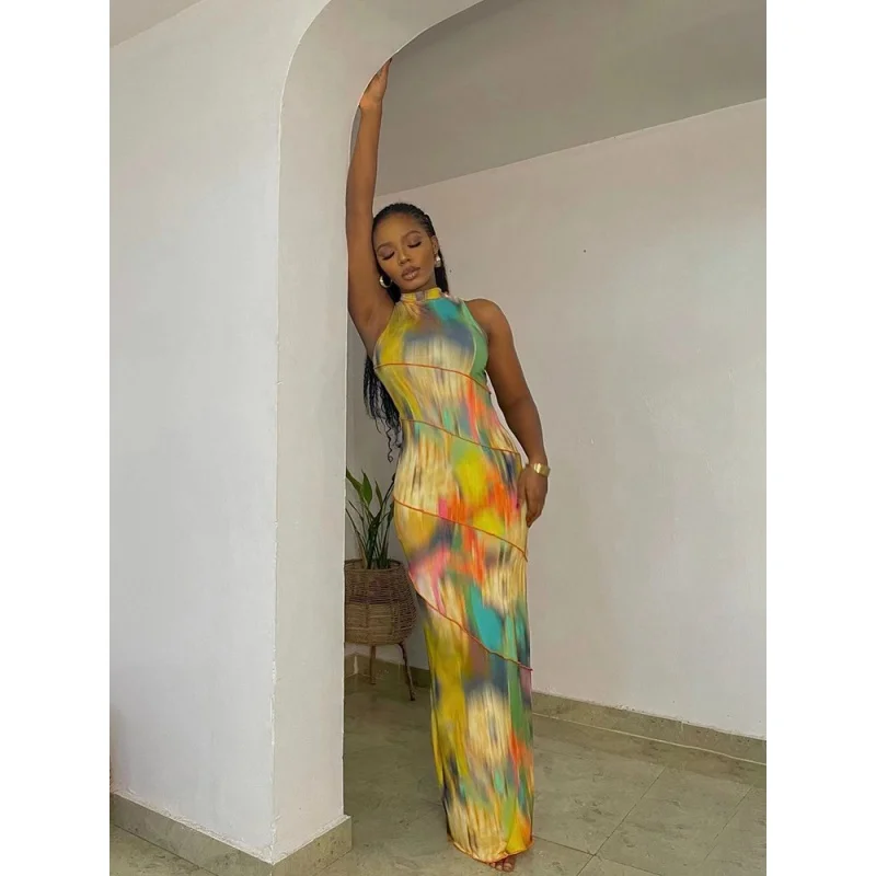 

Aesthetic Colorful Tie Dry Maxi Dress Women Hipster Striped Patchwork Sleeveless Straight Robe Female Streetwear