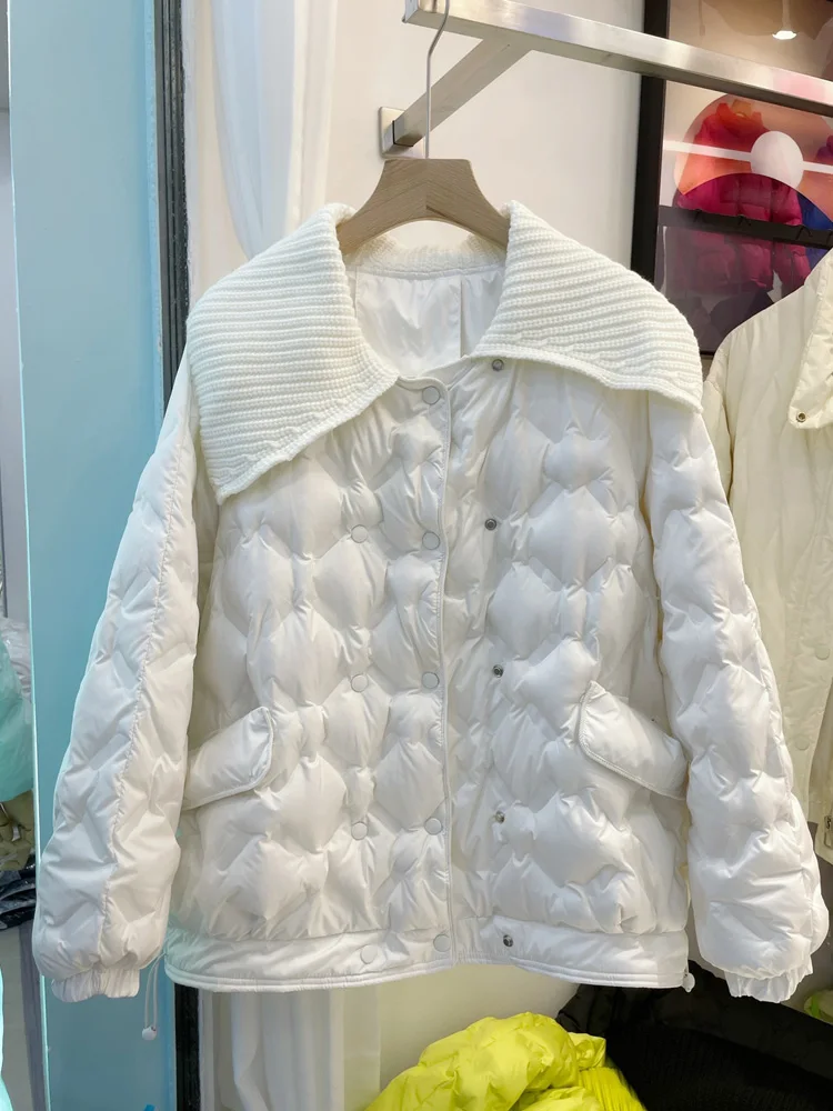 

Janveny Ultra Light Down Puffer Jacket Women 90% White Duck Down Coat Female Short Embossed Wool Collar Feather Parkas Overcoat