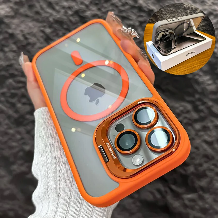 Фото Магнитный чехол для телефона Magsafe Glass Lens Protector для iPhone 17, 16, 15, 14, 13, 12, 11 Pro Max, противоударная задняя крышка с подставкой №1