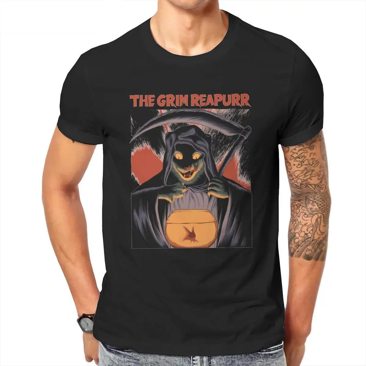Leisure The Grim Reapurr  T-Shirt for Men Crew Neck Cotton T Shirts Horror Cat Short Sleeve Tees Summer Clothing