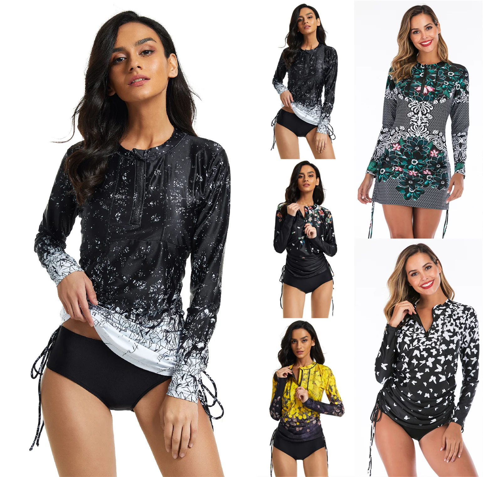 

Women's Swimsuit Rash Guard Long Sleeve Two Piece Swimwear Protect Print Zipper Sport Bathing Suits Surfing Rashguard Beachwear