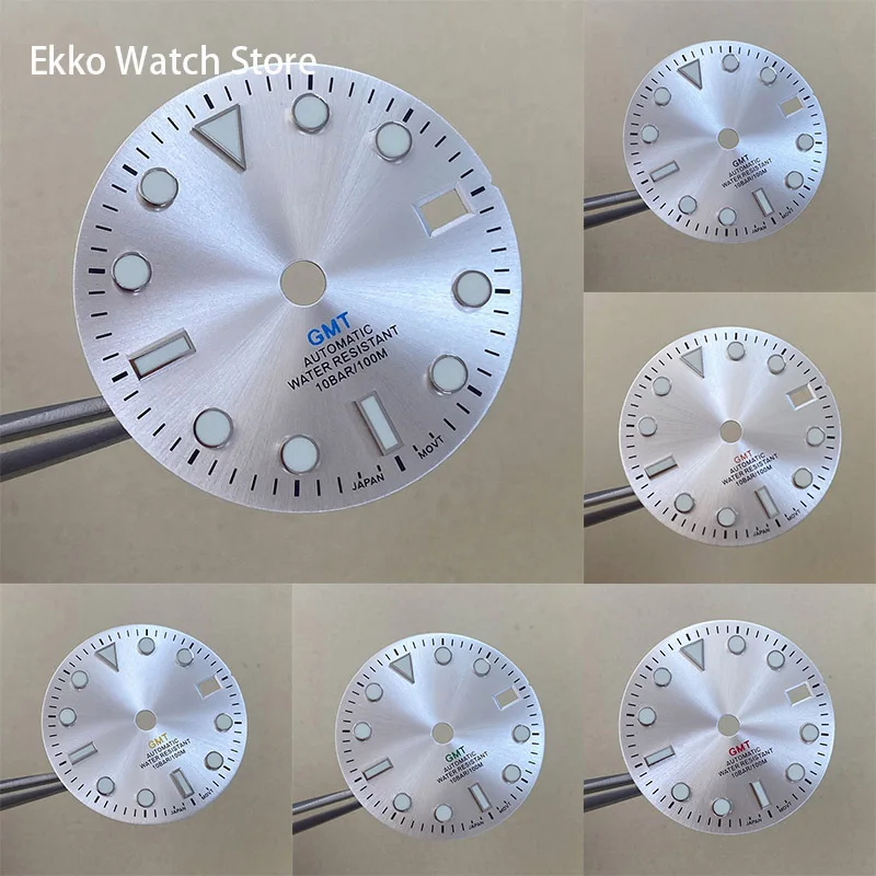 

29mm Gmt Sunburst Silver Sterile NH34 Dial with S Logo C3 Green Luminous Eiko Mod Modify Watch Parts