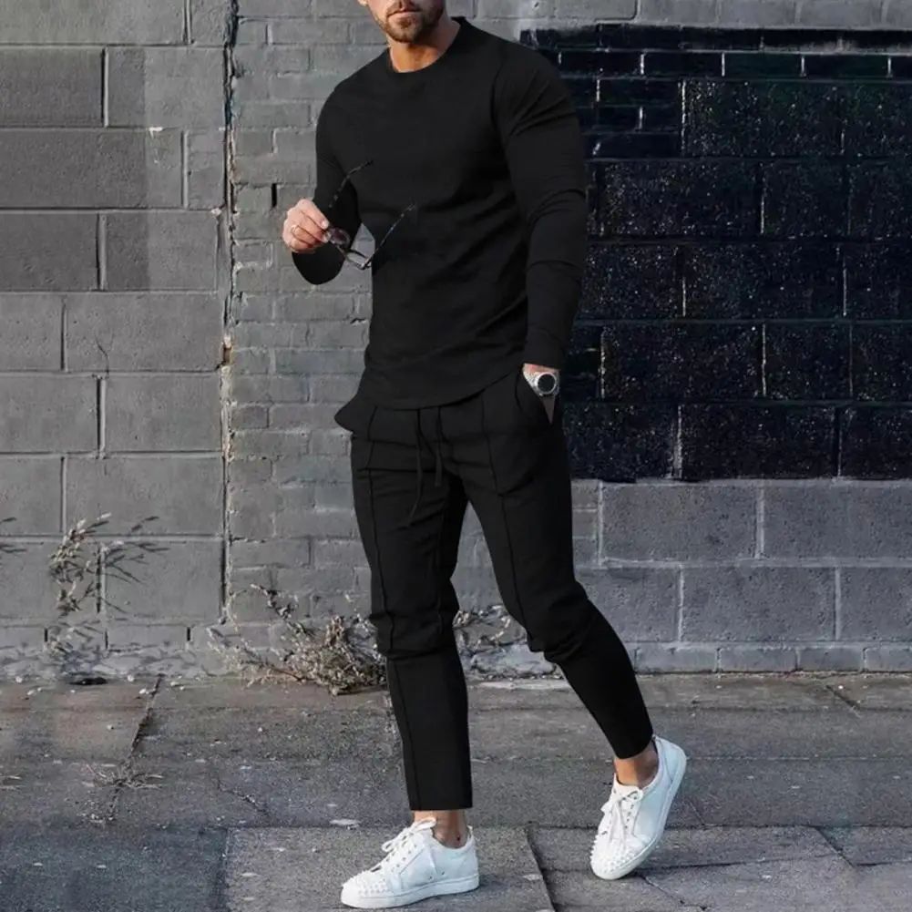 Classic Mid-rise 3D Cutting Hip Hop Pure Color Pullover Sweatshirt Casual Sweatpants Set Stretchy Men Outfit for Training