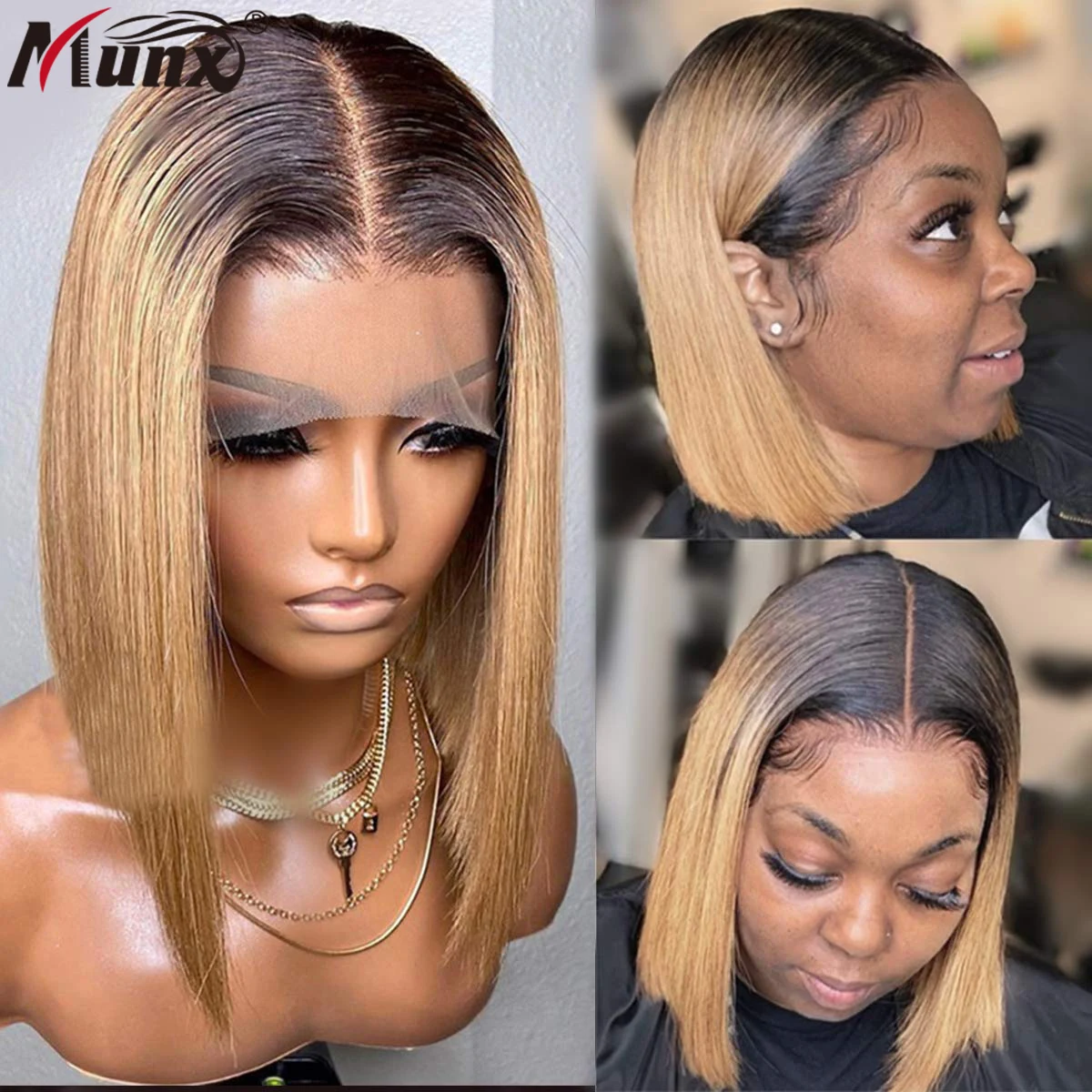 

1B27 Ombre Blonde Bob Wigs Human Hair Bob Wig 13x1 Lace Front Short Middle Part Wigs 180% Density With Baby Hair For Women