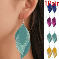 delysia king women trendy versatile leather earrings three layers litchi pattern sequin earring