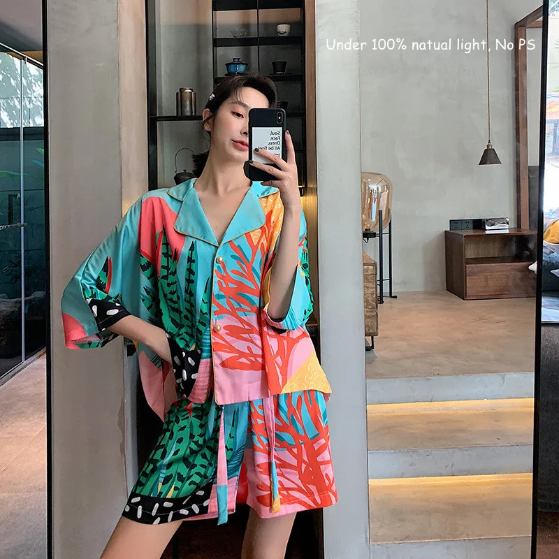 2023 Women Pajama Set Hand Drawn Art Tropical Plants Pyjama Set Silk Like Nightwear Shorts Home Wear Clothes Sleepwear Homewear