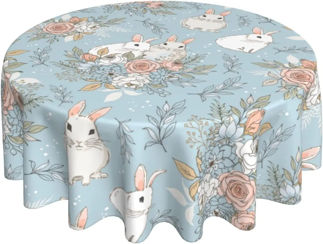 

Spring Easter Tablecloth Round 60 Inch White Bunny Table Cloth Waterproof Farmhouse Teal Floral Tablecloths for Holiday Party