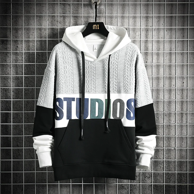 

2023 Knitted Spliced Casual Hooded Sweatshirts Designer Hoodies for Men Clothing Pullover Korean Fashion Streetwear Sweatshirt