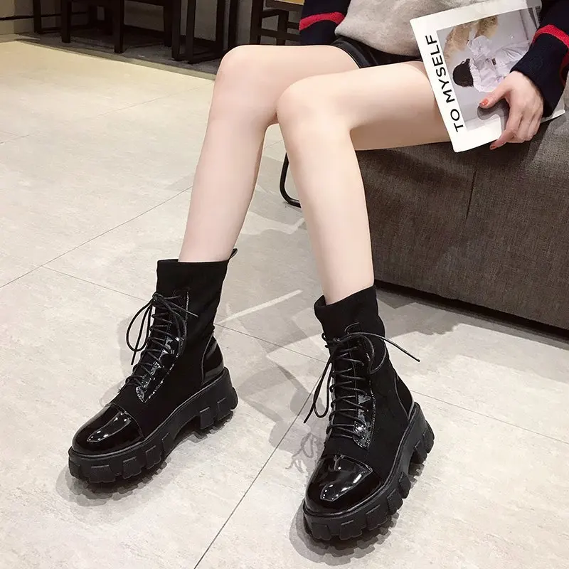 

Fashion Black Womens Ankle Boots Rubber Sole Thick Heel Lace Up Short Socks Boots Suede Fabric Platform PU Leather Riding Shoes