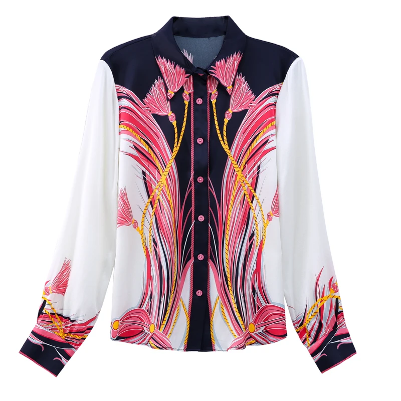 

Poplin Women's Blouse Polo Shirt Summer Long Sleeve Top Korean Fashion Casual Silk Clothing Print Lady