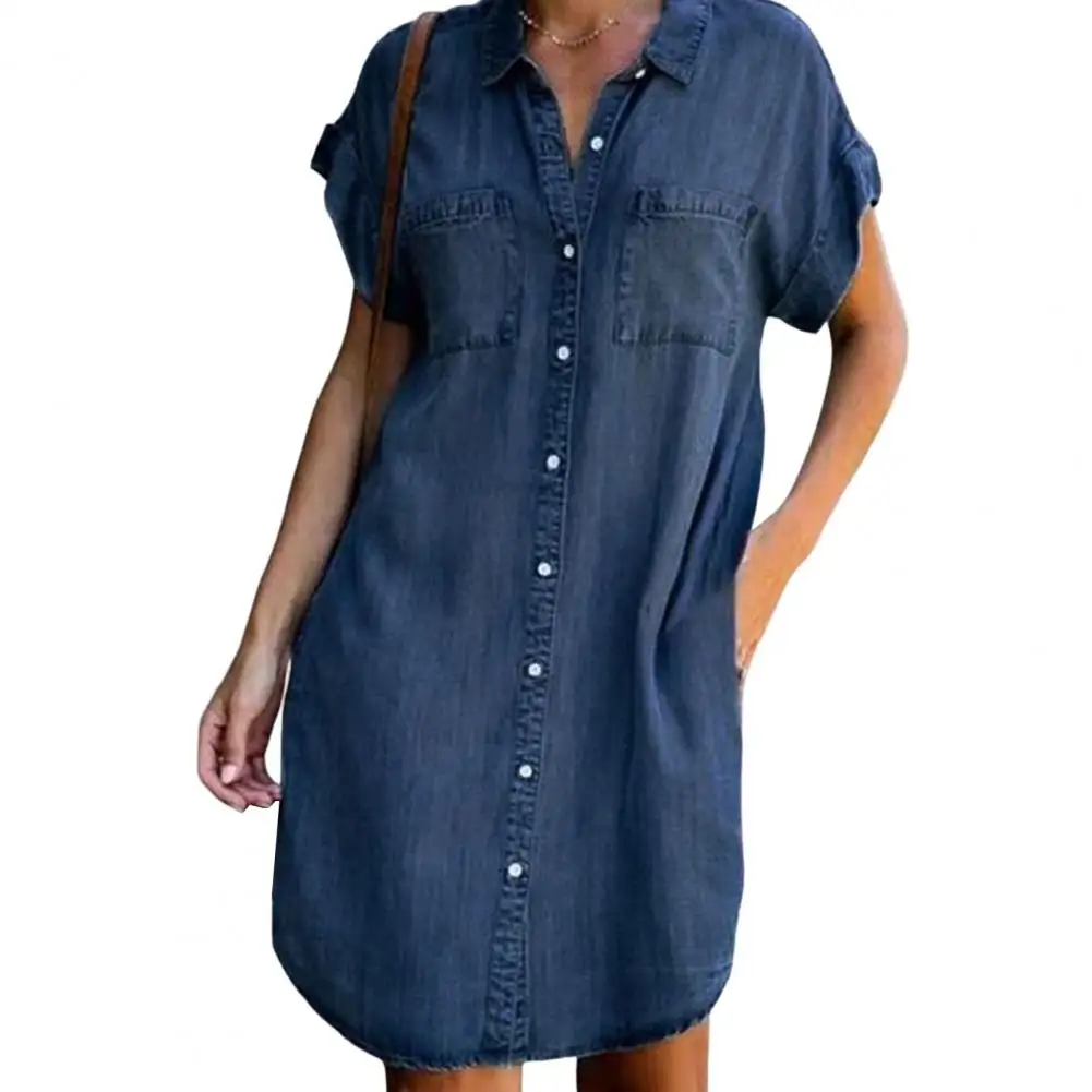 

Chic Denim Dress Colorfast Ladies Dress Short Sleeve Pure Color Women Mini Dress Daily Wear