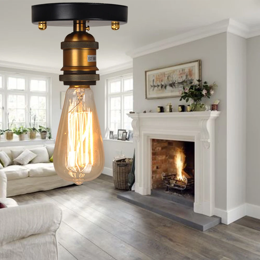 

E27 Cafe Home Living Room Loft Retro Durable Copper Head Ceiling Light Industrial Decoration Semi-Flush Mount Hallway Bedroom