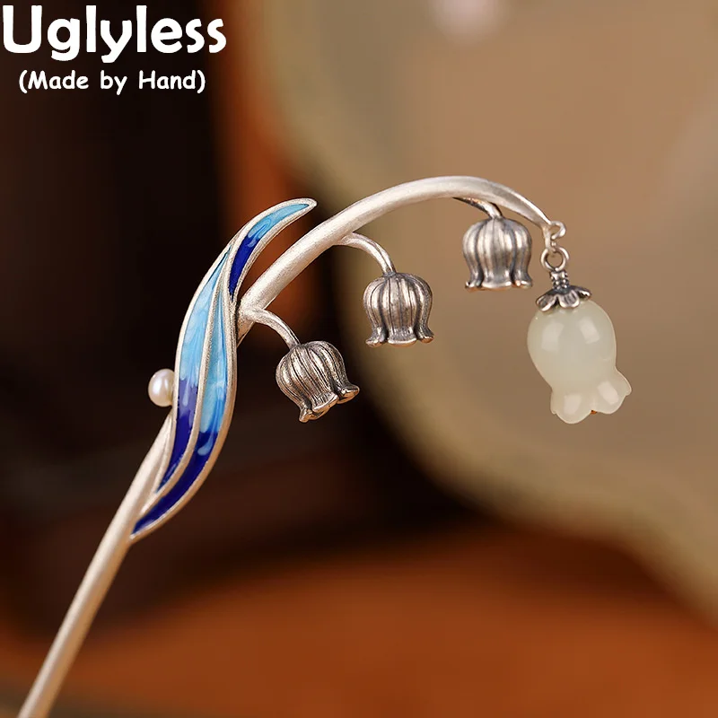 Uglyless Convallaria majalis Linn Lily of the Valley Flower Hairwear for Women Enamel Floral Hair Stick Solid 925 Silver Coiling