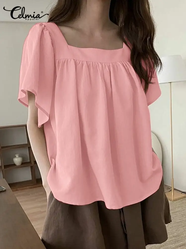 

Celmia 2022 Summer Blouses Women Fashion Square Collar Solid Shirts Casual Loose All-match Tops Holiday Pleats Stitching Tunics