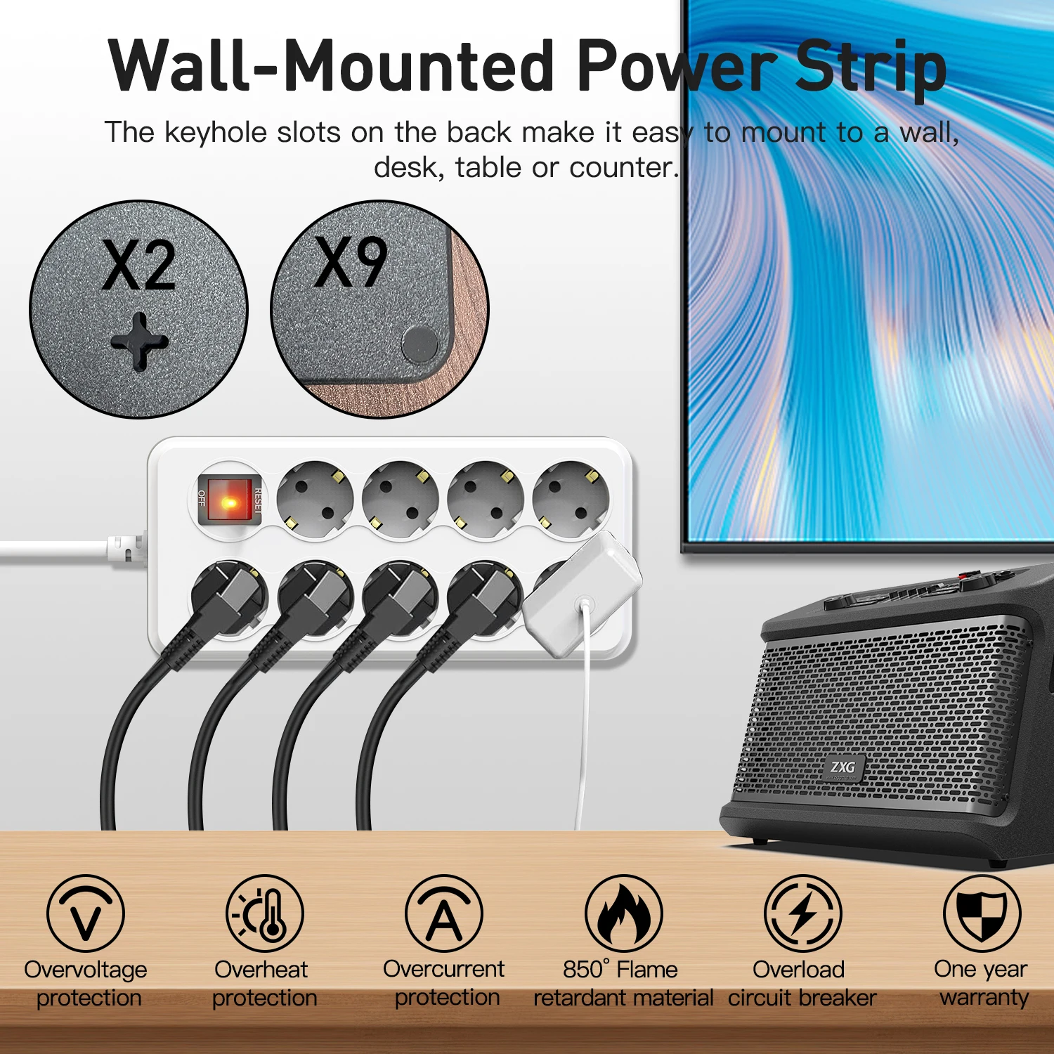 9 розеток переменного тока европейская удлинитель с защитой от перегрузки кабеля