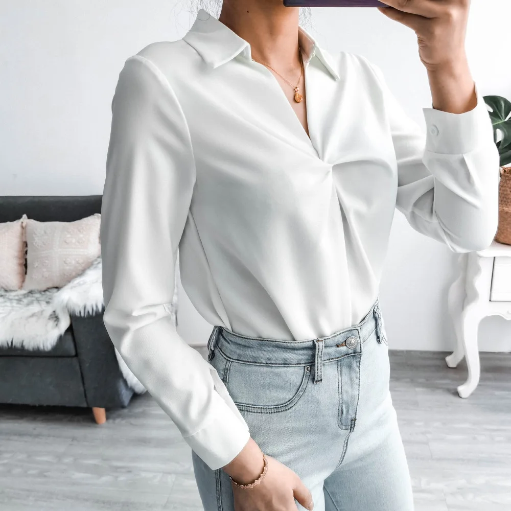 

Женская шифоновая блузка с V-образным вырезом и длинным рукавом