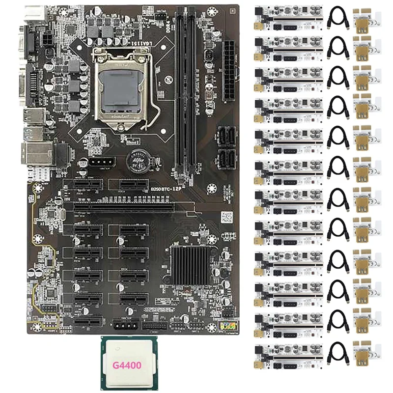 

B250 BTC Mining Motherboard With 12 Pcs 010-X PCIE Riser Card+1 Pcs CPU LGA1151 DDR4 DIMM 12 PCIE Slot Motherboard