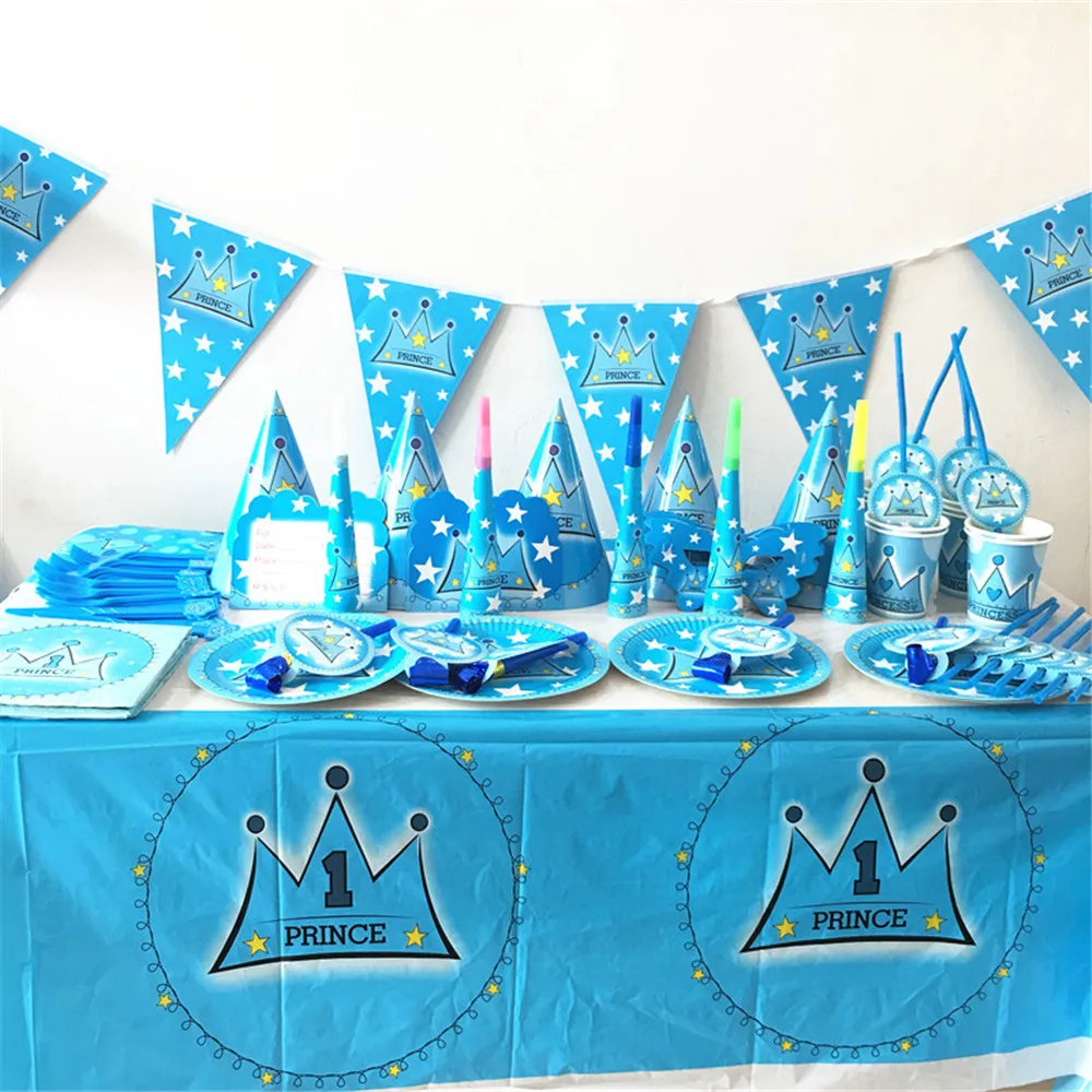 

Blue Prince Crown Boy Kids Birthday Party Supplies Decoration Disposable Tableware Paper Plates Cup Straws Boy Baby Shower Deco