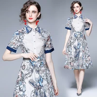 2022 summer new vintage womens printed classic butterfly embroidered polo collar digital positioning cotton waist fashion dress