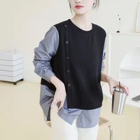 t shirt wear fake two womens 2022 spring and summer new knitted stitched striped shirt womens cotton wear a fashionable top