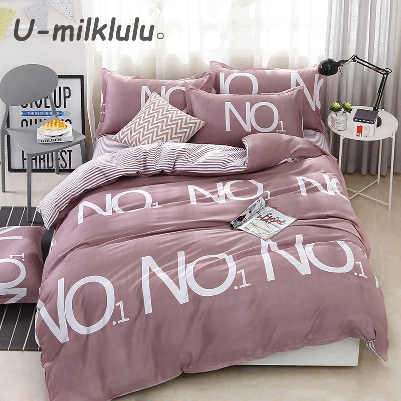 

NO.One Pattern Pink Bedding Set Nordic Sheet Set Apricot Duvet Cover Double Queen King Size Elastic Bed Set Pillowcases 4pcs