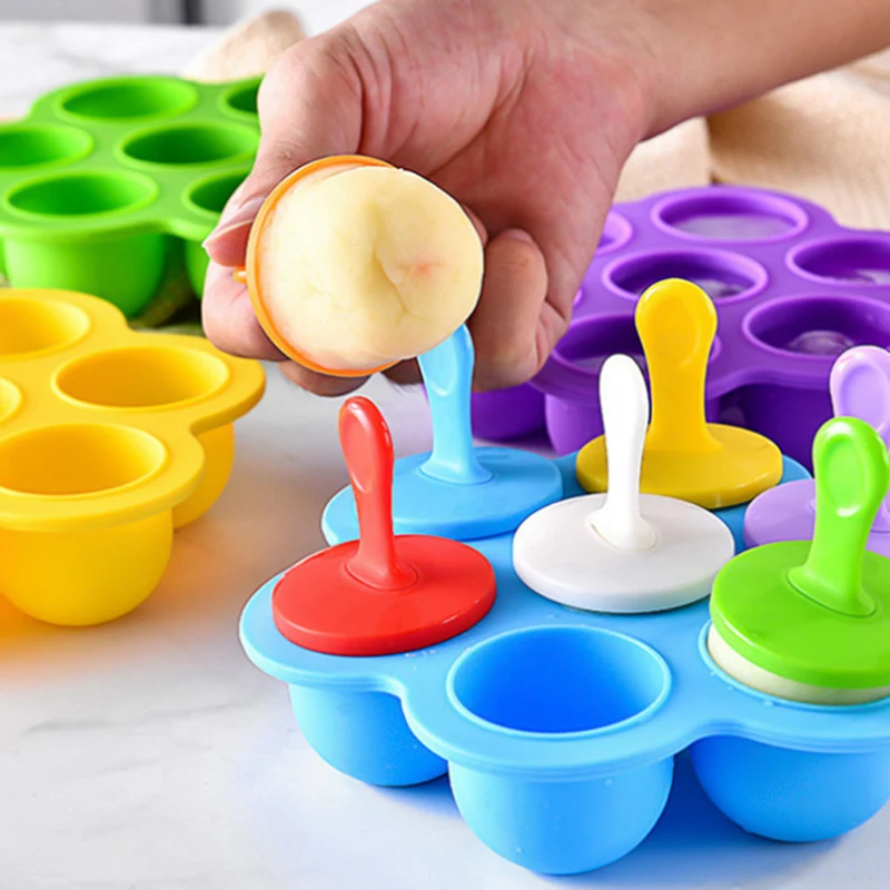 

7Holes DIY Ice Cream Pops Mini Silicone Mold Food Grade Baby Fruit Shake Ice Crea Reusable Popsicle Home Kitchen Tools,1Piece