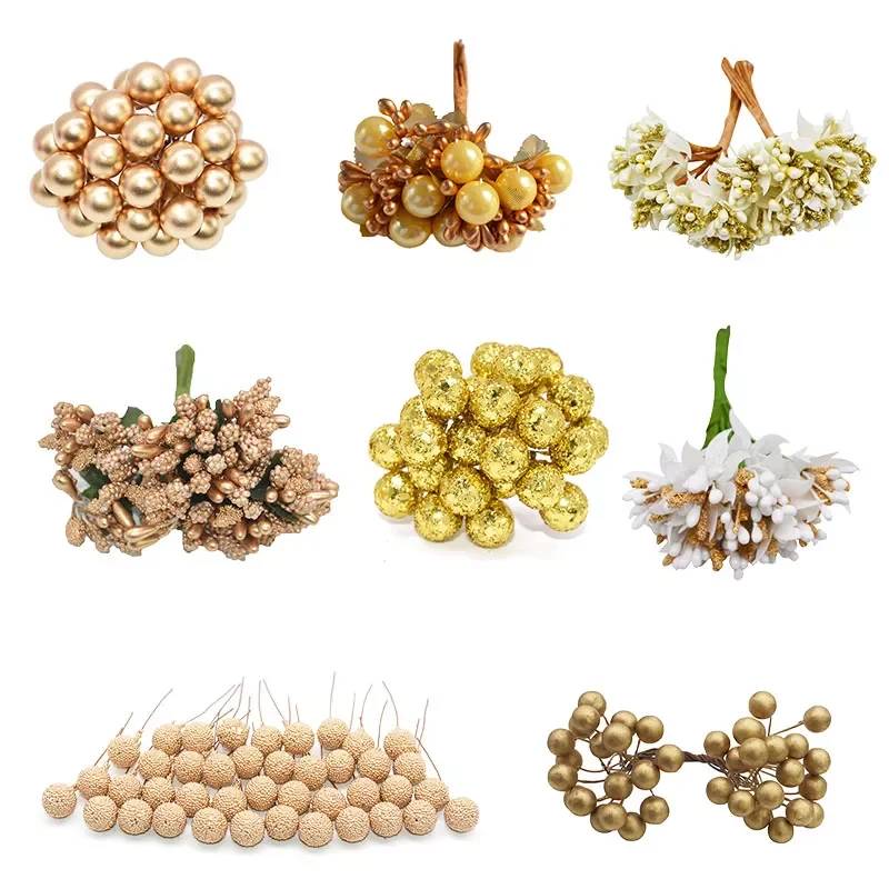 

Gold Artificial Flower Cherry Stamen Berries Flower Wreath Decorative Cake Gift Box Wedding Decor Christmas Decoration for Home