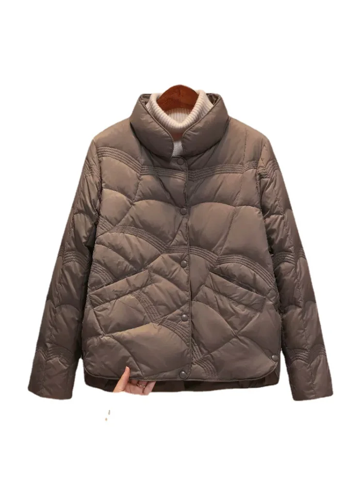 Autumn and Winter Stand-up Collar Down Jacket Women's Short White Duck Down Warm Winter Clothing Coat Light Retro Artistic