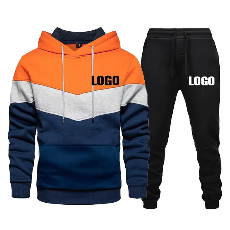 Custom LOGO Men's Sportswear Color Stitching Brand Hoodie + Pants 2 Pieces Set Spring Autumn Casual Jogging Suit Male Tracksuit