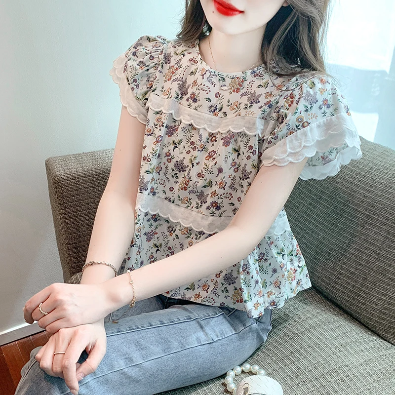 

Chiffon Women's Shirt Summer 2023 New Print Blouses Lace Patchwork Slim Casual Short Sleeve Top O-neck Ladies Clothing YCMYUNYAN