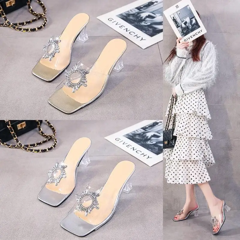 

Large Size 44 Women's Shoes New Summer One Word With Transparent Sandals Female Thick Heel High Heels Crystal Heel Sexy Sandals