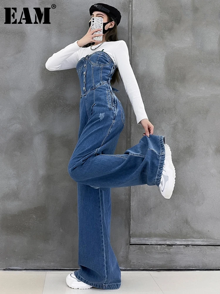 

[EAM] High Waist Blue Casual Big Size Long Wide Leg Jeans New Loose WomenTrousers Fashion Tide Spring Autumn 2022 1DE6012