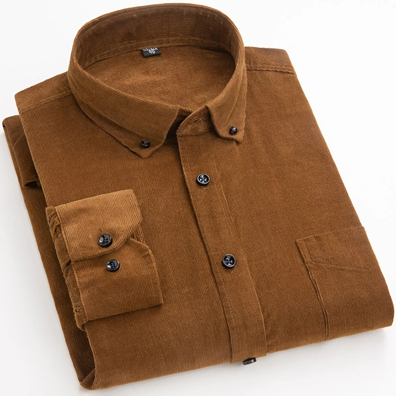 

Plus Size 6xl Autumn/winter Warm Quality 100%cotton Corduroy long sleeved button collar smart casual shirts for men comfortable