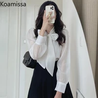 koamissa women elegant stand collar white blouses puff long sleeve see through mesh shirt tops 2022 spring bow lace up ol blusas