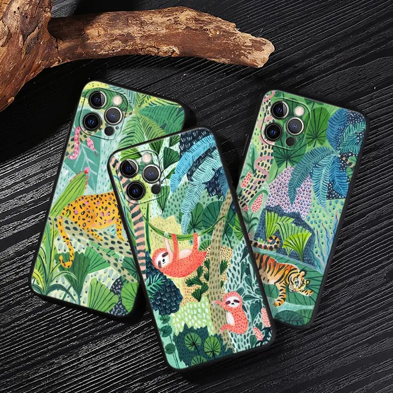

Original Jungle Animal Sloth Leopard Art Print Black Cover For Apple iPhone 13 14 12 11 Pro Max XR XS X 6 7 8 Plus Cases Fundas