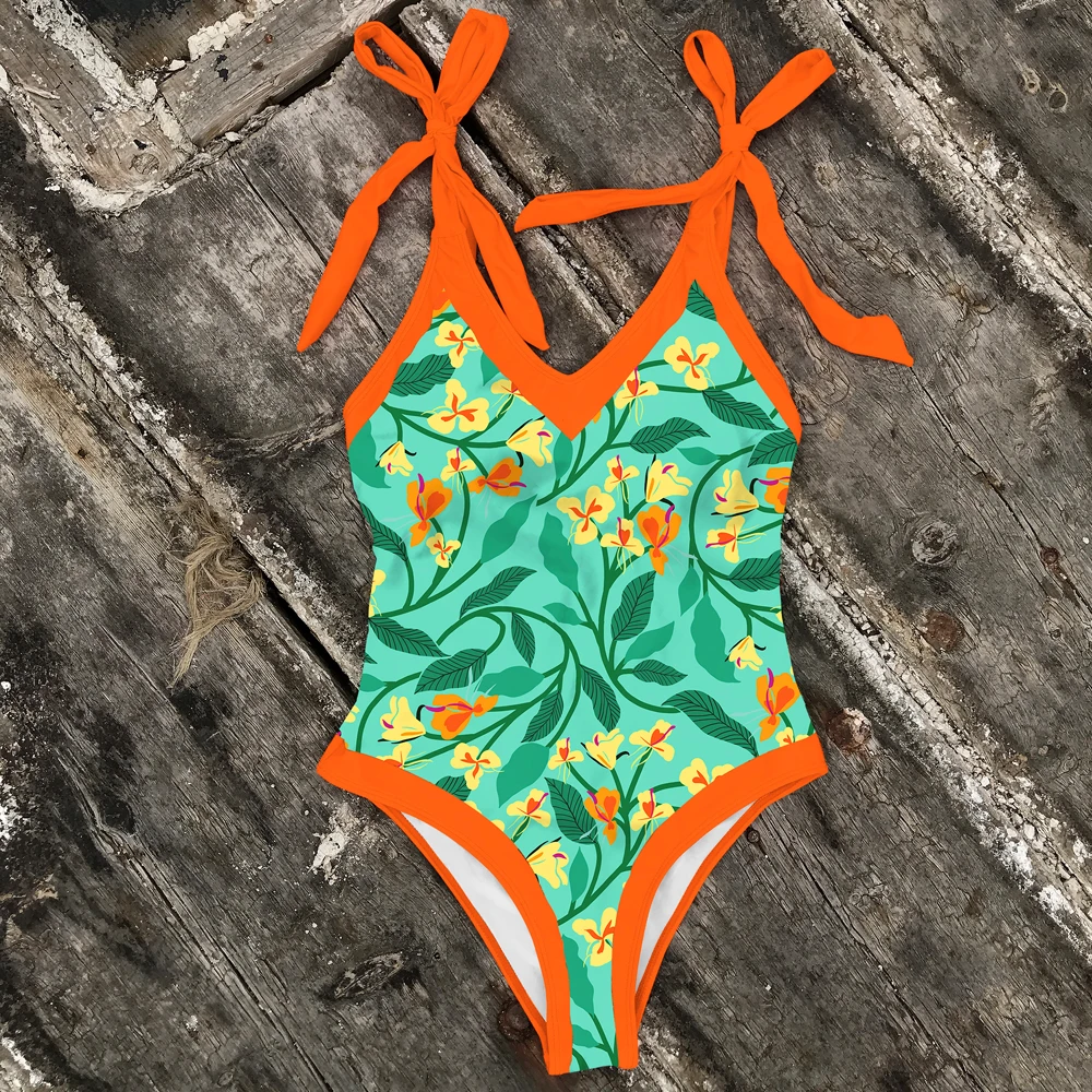 Слитный купальник с бантом и завязками на плечах абстрактным принтом монокини